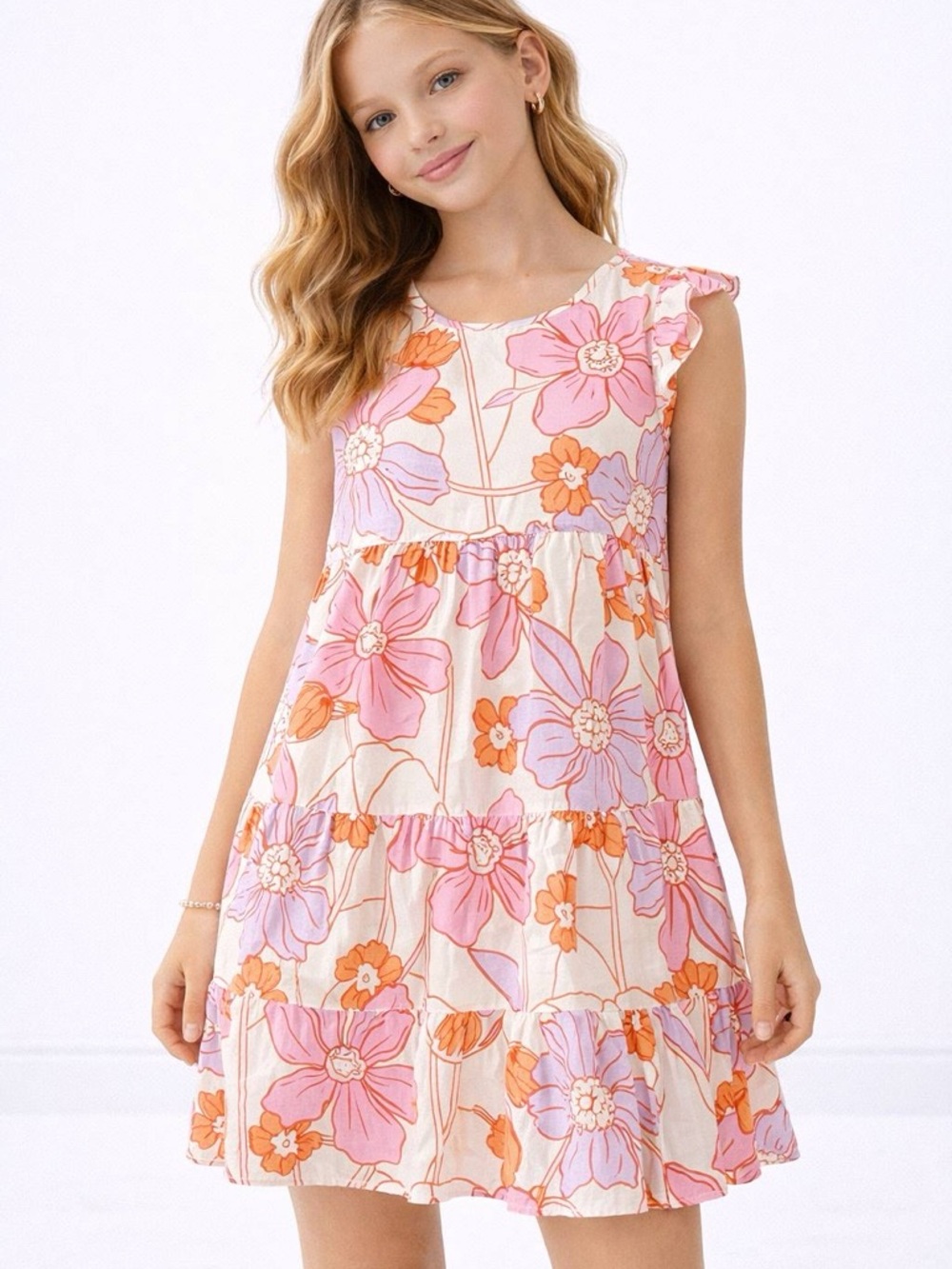 J.Marie Girls Floral Tiered Ruffle Dress Pink Orange Size 14 NWT